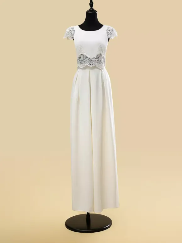 Two-piece wedding dress Satin Fabric Jewel Neck Two-piece Floor-Length Wedding Dress Functional Buttons Short Sleeves Floor Length