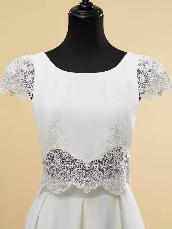 Two-piece wedding dress Satin Fabric Jewel Neck Two-piece Floor-Length Wedding Dress Functional Buttons Short Sleeves Floor Length