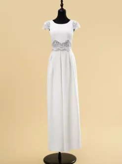 Two-piece wedding dress Satin Fabric Jewel Neck Two-piece Floor-Length Wedding Dress Functional Buttons Short Sleeves Floor Length