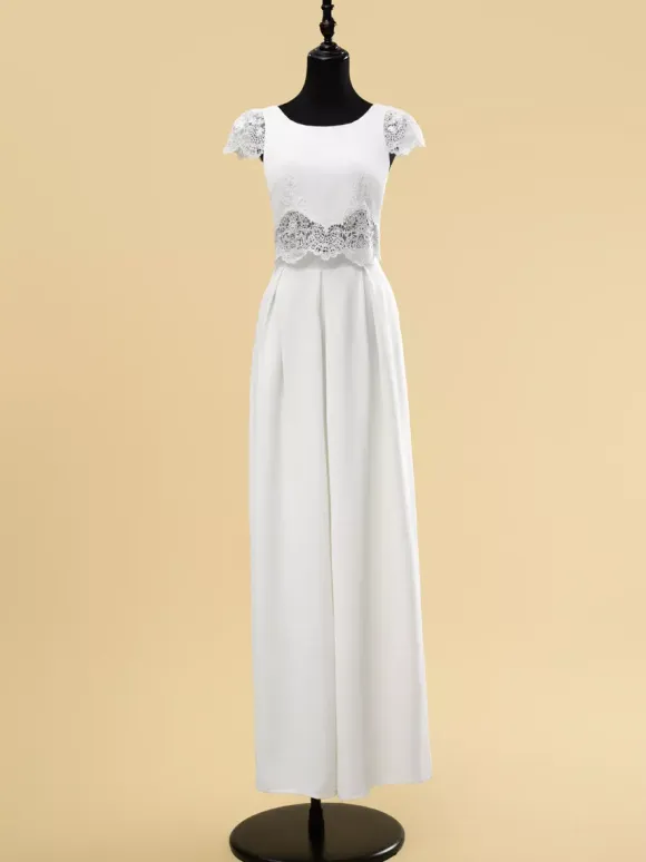 Two-piece wedding dress Satin Fabric Jewel Neck Two-piece Floor-Length Wedding Dress Functional Buttons Short Sleeves Floor Length