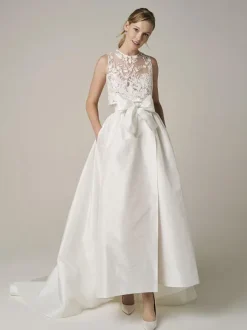 Two-piece wedding dress Satin Fabric Jewel Neck Two-piece With Train Wedding Dress Functional Buttons Sleeveless