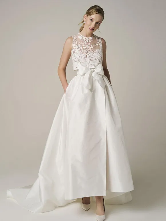 Two-piece wedding dress Satin Fabric Jewel Neck Two-piece With Train Wedding Dress Functional Buttons Sleeveless