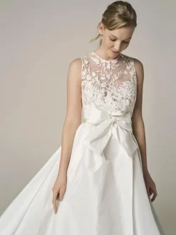 Two-piece wedding dress Satin Fabric Jewel Neck Two-piece With Train Wedding Dress Functional Buttons Sleeveless