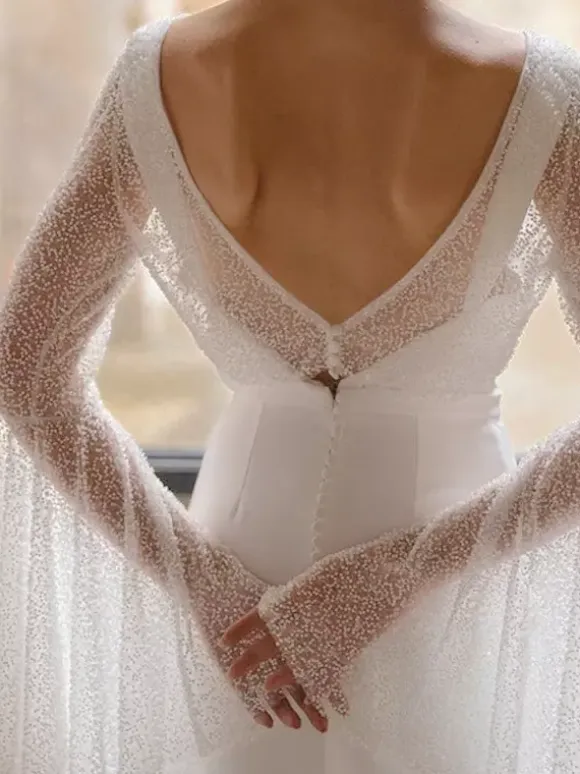 Two-piece wedding dress Simple Wedding Dress Satin Fabric Designed Neckline Ball Gown With Train Wedding Dress Functional Buttons Long Sleeves Long