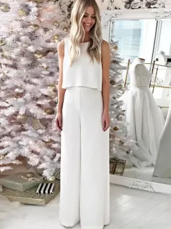 Two-piece wedding dress Stretch Crepe Jewel Neck Two-piece Floor-Length Backless Sleeveless
