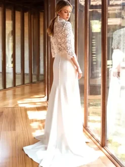 Two-piece wedding dress Stretch Crepe High Collar Mermaid With Train Wedding Dress Functional Buttons 3/4 Length Sleeves