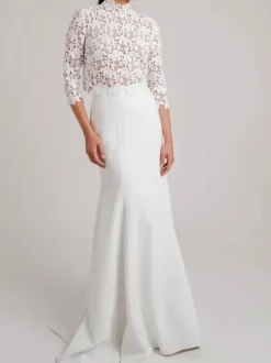 Two-piece wedding dress Stretch Crepe High Collar Mermaid With Train Wedding Dress Functional Buttons 3/4 Length Sleeves