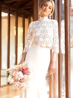 Two-piece wedding dress Stretch Crepe High Collar Mermaid With Train Wedding Dress Functional Buttons 3/4 Length Sleeves