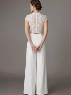 Two-piece Wedding Dress Stretch Crepe Designed Neckline Two-piece Floor-Length Zipper Short Sleeves Floor Length
