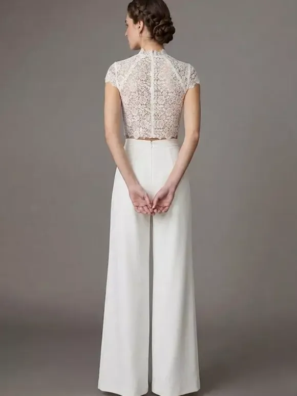 Two-piece Wedding Dress Stretch Crepe Designed Neckline Two-piece Floor-Length Zipper Short Sleeves Floor Length