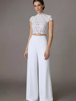 Two-piece Wedding Dress Stretch Crepe Designed Neckline Two-piece Floor-Length Zipper Short Sleeves Floor Length