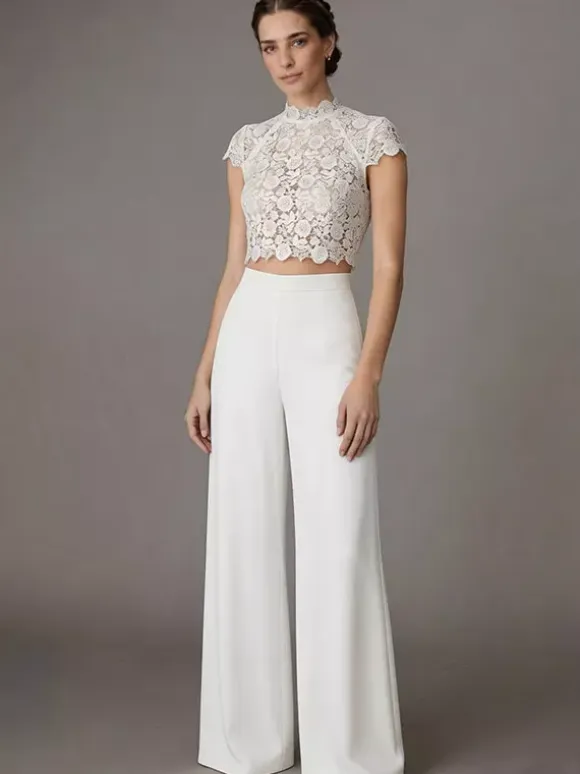 Two-piece Wedding Dress Stretch Crepe Designed Neckline Two-piece Floor-Length Zipper Short Sleeves Floor Length