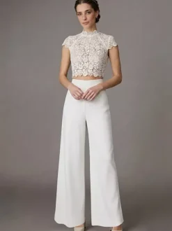 Two-piece Wedding Dress Stretch Crepe Designed Neckline Two-piece Floor-Length Zipper Short Sleeves Floor Length