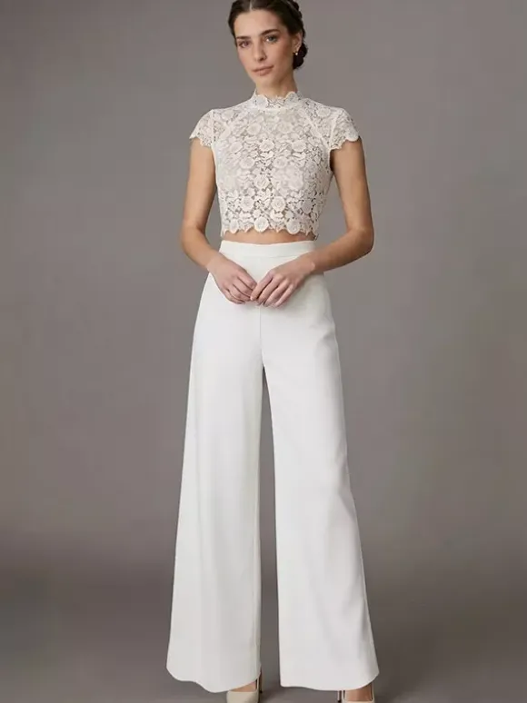 Two-piece Wedding Dress Stretch Crepe Designed Neckline Two-piece Floor-Length Zipper Short Sleeves Floor Length