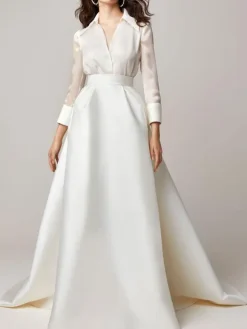 Two-piece wedding dress Vintage wedding dress Polyester V-Neck Two-piece With Train Zipper Long Sleeves Long