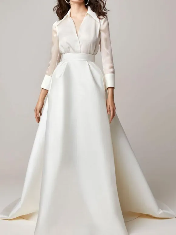 Two-piece wedding dress Vintage wedding dress Polyester V-Neck Two-piece With Train Zipper Long Sleeves Long