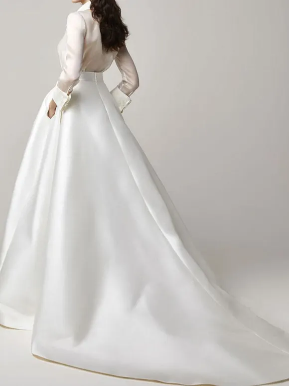 Two-piece wedding dress Vintage wedding dress Polyester V-Neck Two-piece With Train Zipper Long Sleeves Long