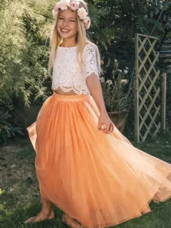Two-piece Wedding Flower Girl Dresses Special Occasion Dresses Pink Short Sleeves Lace