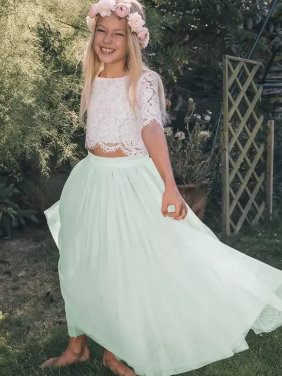 Two-piece Wedding Flower Girl Dresses Special Occasion Dresses Pink Short Sleeves Lace