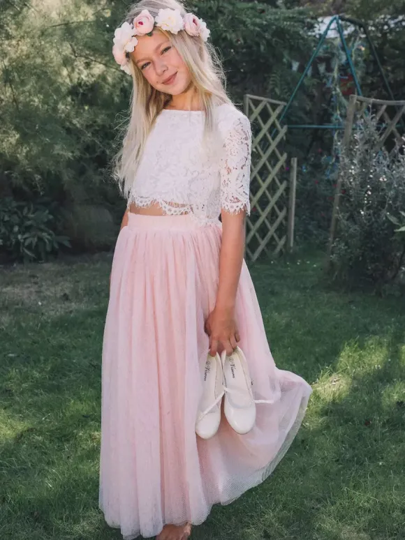 Two-piece Wedding Flower Girl Dresses Special Occasion Dresses Pink Short Sleeves Lace
