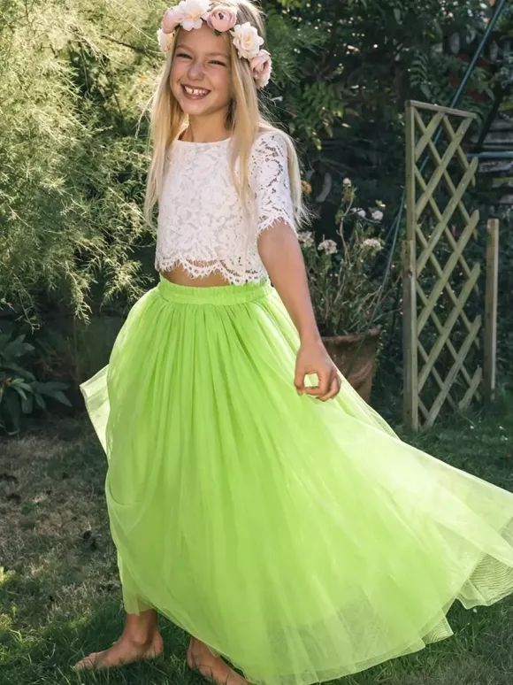 Two-piece Wedding Flower Girl Dresses Special Occasion Dresses Pink Short Sleeves Lace