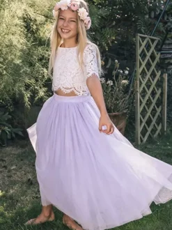 Two-piece Wedding Flower Girl Dresses Special Occasion Dresses Pink Short Sleeves Lace
