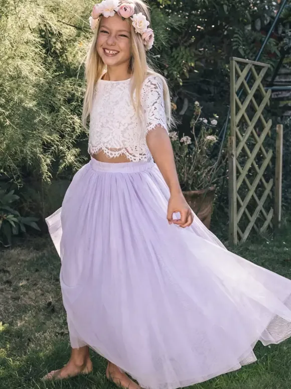 Two-piece Wedding Flower Girl Dresses Special Occasion Dresses Pink Short Sleeves Lace