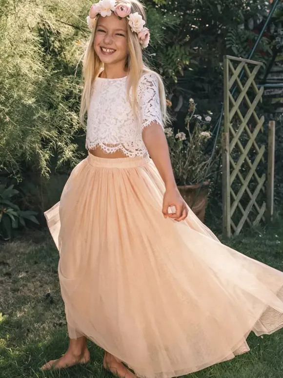 Two-piece Wedding Flower Girl Dresses Special Occasion Dresses Pink Short Sleeves Lace