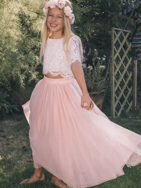 Two-piece Wedding Flower Girl Dresses Special Occasion Dresses Pink Short Sleeves Lace