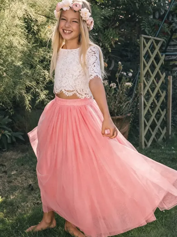 Two-piece Wedding Flower Girl Dresses Special Occasion Dresses Pink Short Sleeves Lace