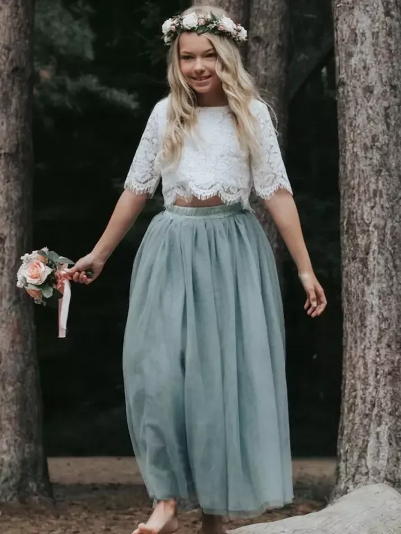 Two-piece Wedding Flower Girl Dresses Special Occasion Dresses Pink Short Sleeves Lace
