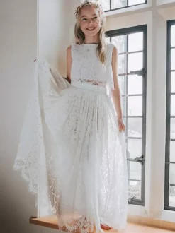 Two-Piece White Flower Girl Dresses White Lace Sleeveless Jewel Neck Flower Girl Dresses