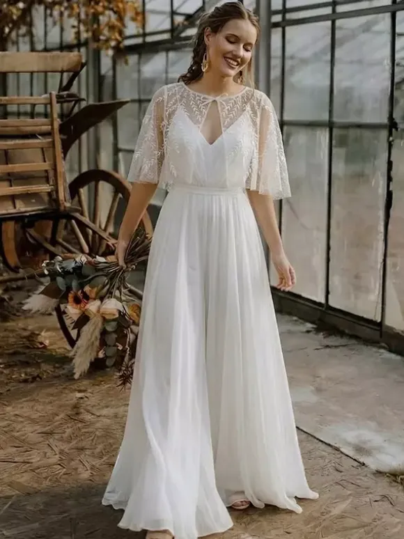 Two-piece Bridal Jumpsuits Chiffon Designed Neckline A-Line Tea-Length Zipper Half Sleeves