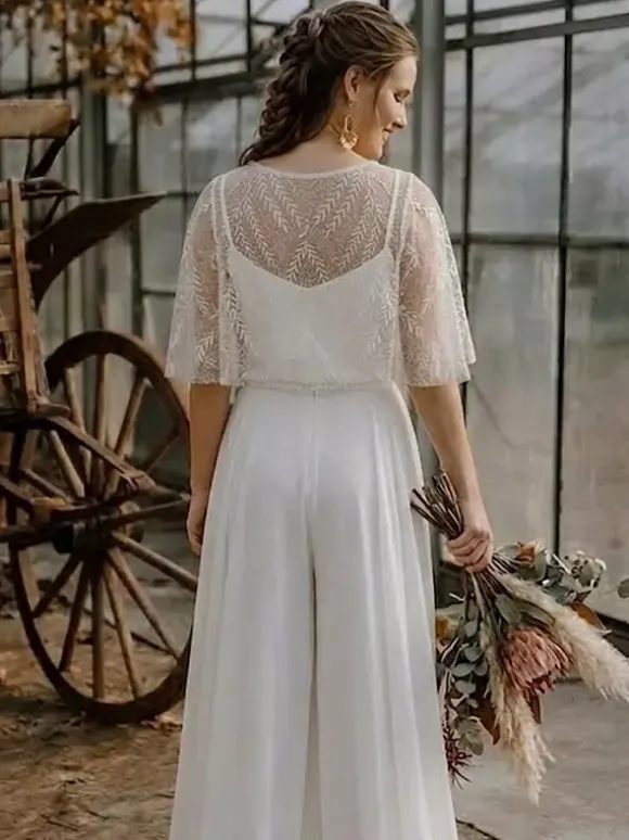 Two-piece Bridal Jumpsuits Chiffon Designed Neckline A-Line Tea-Length Zipper Half Sleeves