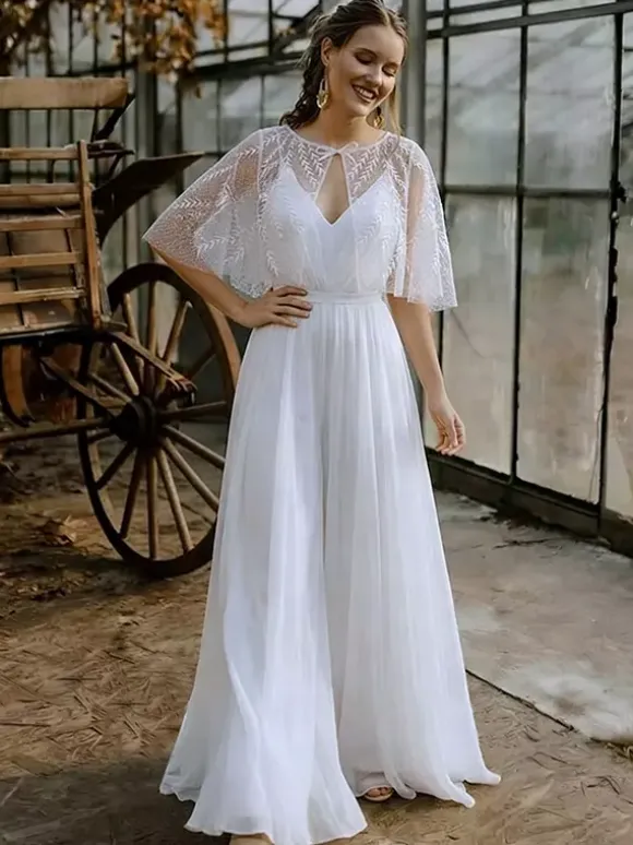 Two-piece Bridal Jumpsuits Chiffon Designed Neckline A-Line Tea-Length Zipper Half Sleeves