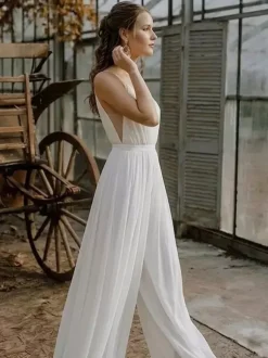 Two-piece Bridal Jumpsuits Chiffon Designed Neckline A-Line Tea-Length Zipper Half Sleeves