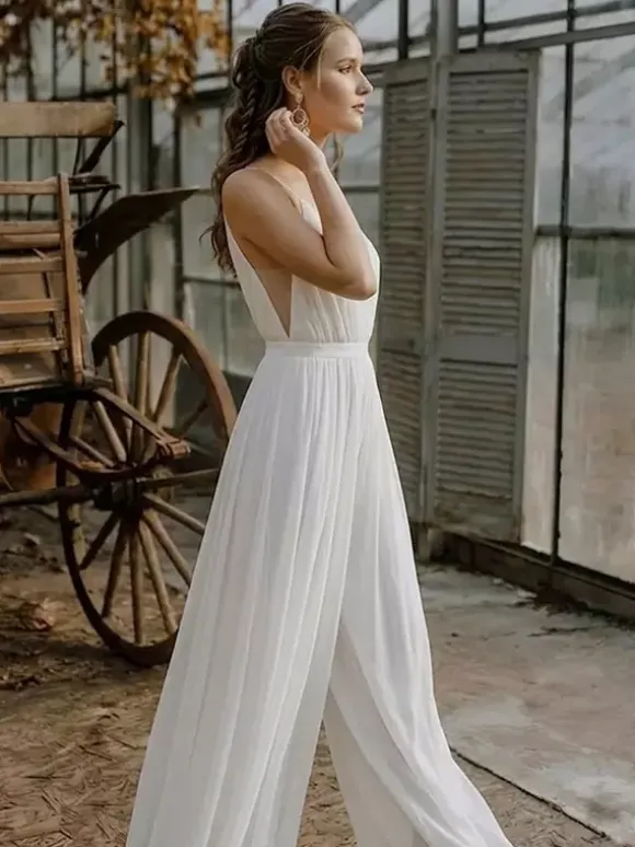 Two-piece Bridal Jumpsuits Chiffon Designed Neckline A-Line Tea-Length Zipper Half Sleeves