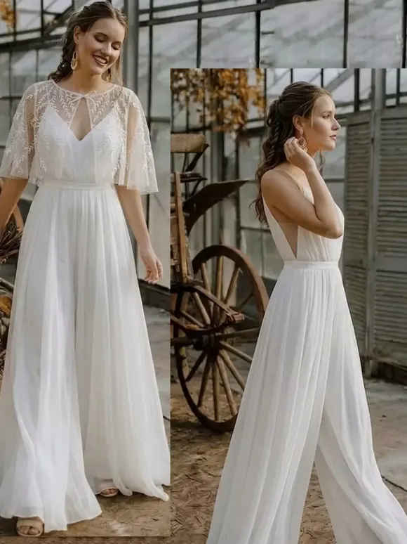 Two-piece Bridal Jumpsuits Chiffon Designed Neckline A-Line Tea-Length Zipper Half Sleeves
