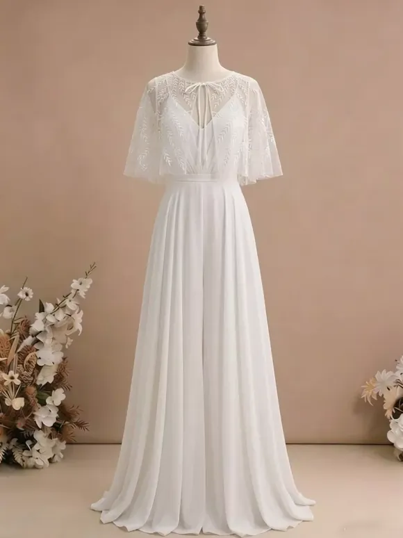Two-piece Bridal Jumpsuits Chiffon Designed Neckline A-Line Tea-Length Zipper Half Sleeves