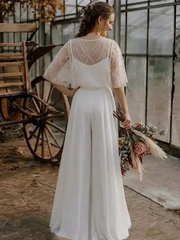 Two-piece Bridal Jumpsuits Chiffon Designed Neckline A-Line Tea-Length Zipper Half Sleeves