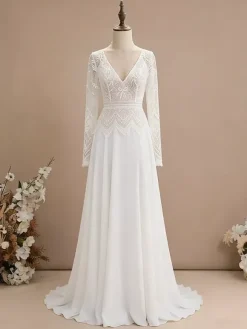 Two-piece Civil Wedding Dress Chiffon V-Neck With Train Zipper Long Sleeves Long Boho Wedding Dress