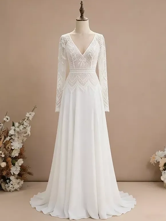 Two-piece Civil Wedding Dress Chiffon V-Neck With Train Zipper Long Sleeves Long Boho Wedding Dress