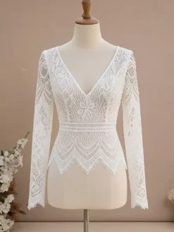 Two-piece Civil Wedding Dress Chiffon V-Neck With Train Zipper Long Sleeves Long Boho Wedding Dress