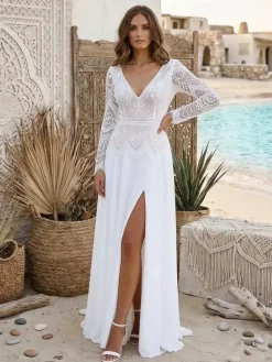Two-piece Civil Wedding Dress Chiffon V-Neck With Train Zipper Long Sleeves Long Boho Wedding Dress