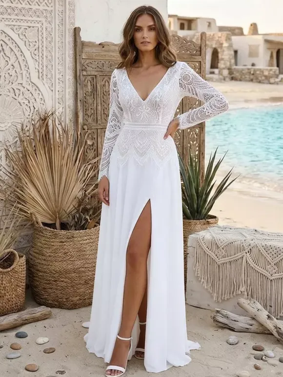Two-piece Civil Wedding Dress Chiffon V-Neck With Train Zipper Long Sleeves Long Boho Wedding Dress