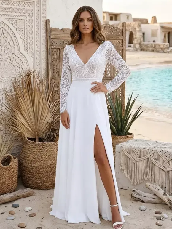 Two-piece Civil Wedding Dress Chiffon V-Neck With Train Zipper Long Sleeves Long Boho Wedding Dress