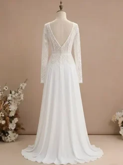 Two-piece Civil Wedding Dress Chiffon V-Neck With Train Zipper Long Sleeves Long Boho Wedding Dress