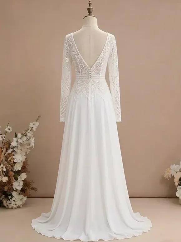 Two-piece Civil Wedding Dress Chiffon V-Neck With Train Zipper Long Sleeves Long Boho Wedding Dress