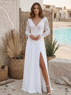 Two-piece Civil Wedding Dress Chiffon V-Neck With Train Zipper Long Sleeves Long Boho Wedding Dress