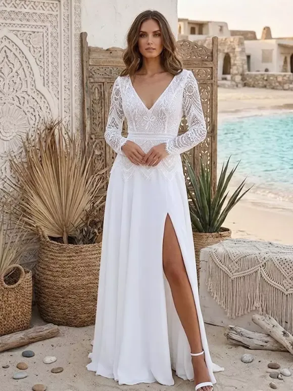 Two-piece Civil Wedding Dress Chiffon V-Neck With Train Zipper Long Sleeves Long Boho Wedding Dress